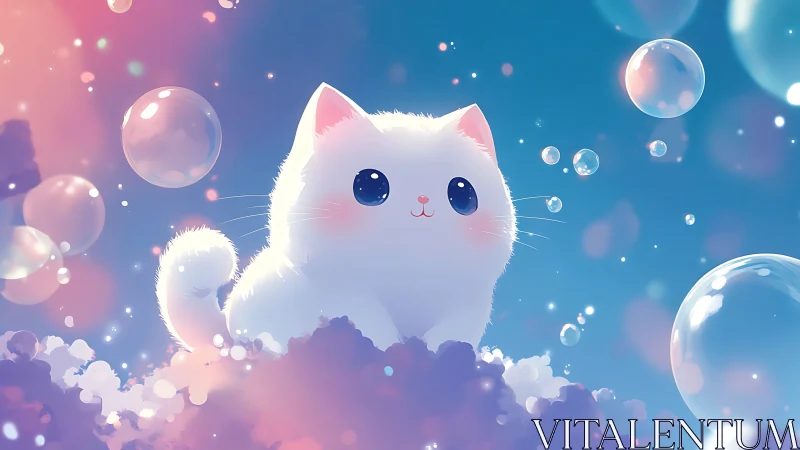 Luminescent white feline character rendered in soft-focus 3D with iridescent bubble refraction eleme