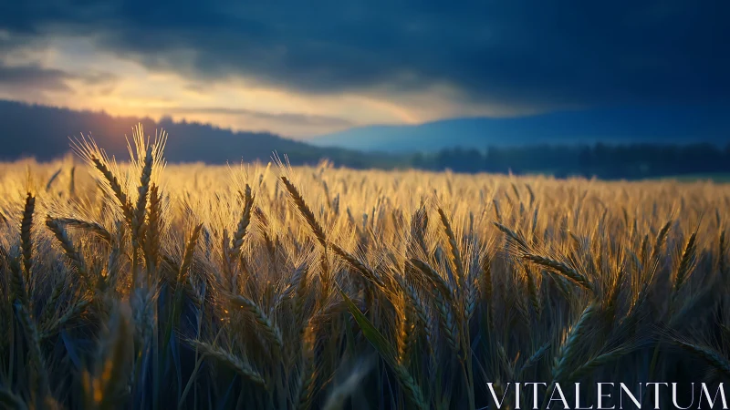 Wheat field under low sun with distant hills and dark clouds.