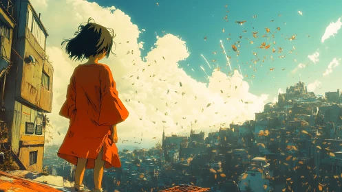 Solitary child in orange robe surveys sunlit futuristic city