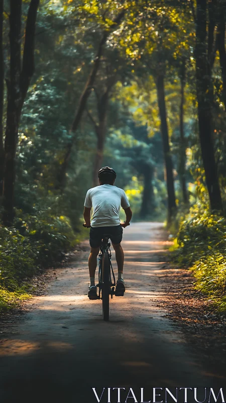 Cyclist riding through sunlit forest canopy