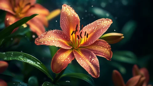 Orange-Red Lily Flower with Water Droplets in Soft Focus Setting
