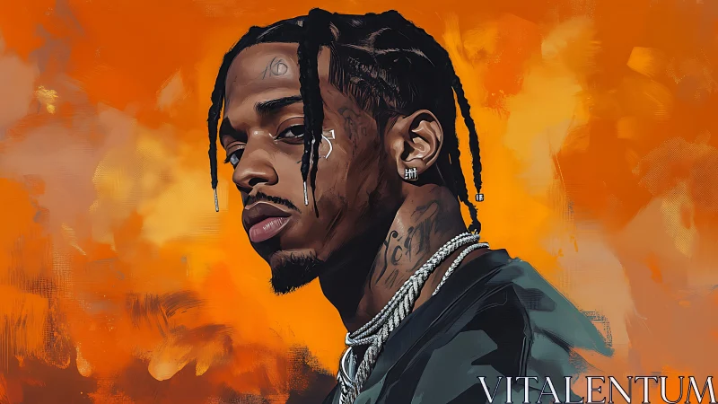 Digital portrait of braided rapper over vivid orange field.