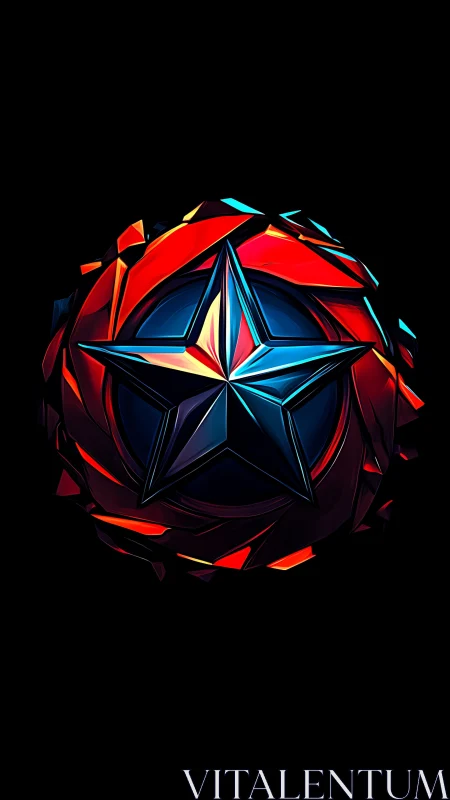 Shattered neon star emblem in glowing circular crest.