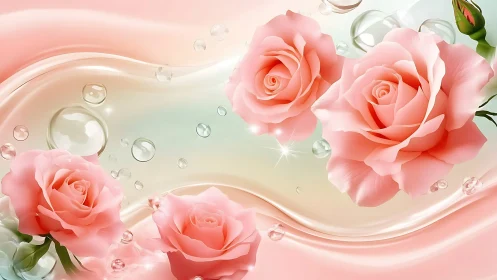 Pink Roses Flowing Through Luminous Gradient With Water Droplets