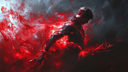Solitary figure engulfed in red abstract energy field.