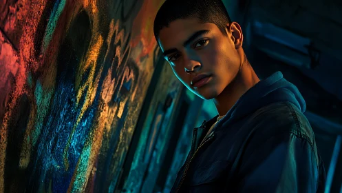 Moody urban portrait against neon-lit graffiti wall.