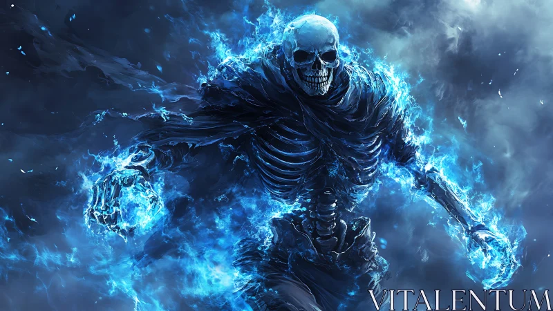 Spectral skeletal warrior emerges within high-energy blue plasma field