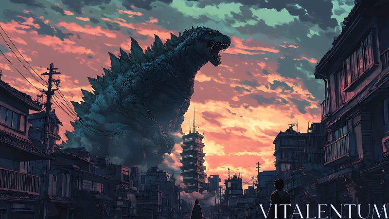 Giant reptilian creature among dense urban buildings at dusk.