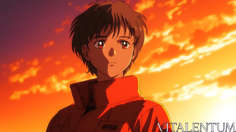 Anime pilot portrait rendered against dramatic sunset sky
