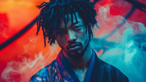 Portrait of man in colored smoke with split lighting effect.