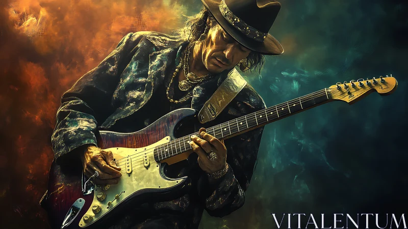 Electric guitarist in hat playing under dramatic lighting.