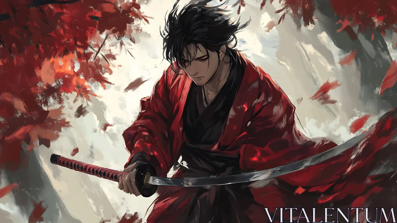 Quiet samurai in crimson robes among falling autumn leaves.