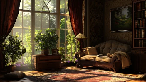 Sunlit garden window enriches a warm vintage reading nook.