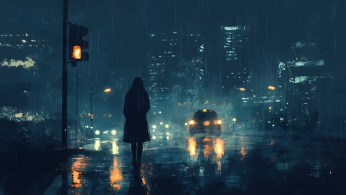Solitary figure waits in rainy neon city intersection at night