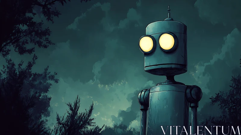 Solitary cylindrical robot under nocturnal forest sky