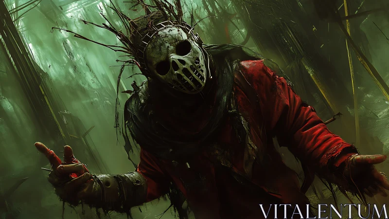 Masked wasteland hunter advancing through toxic misted ruins.