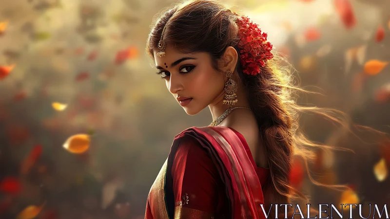 Photorealistic Indian portrait in red saree with floral adornment