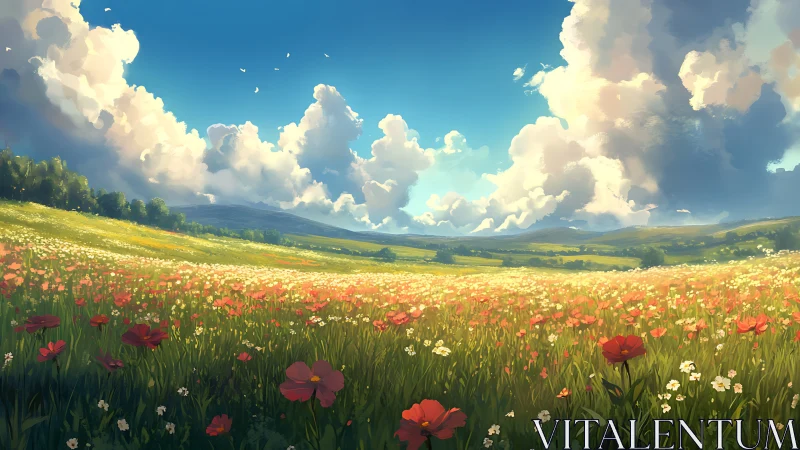 Wide meadow landscape with red flowers under tall clouds.