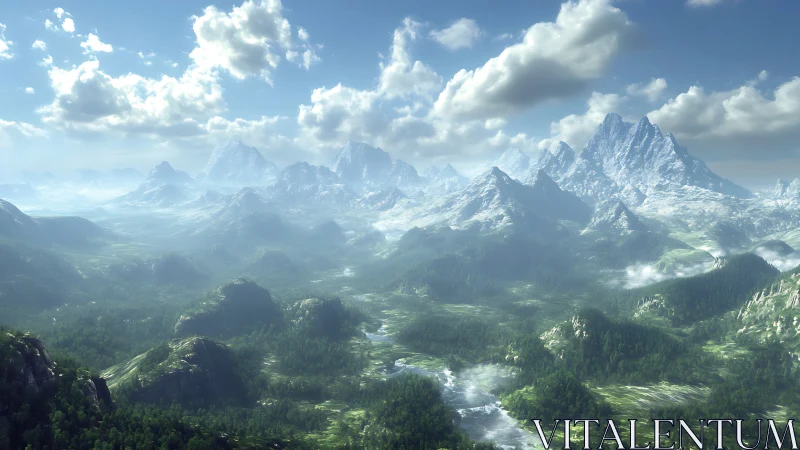 Sunlit alpine valley stretches beneath towering icy peaks