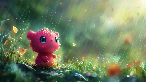 Tiny pink forest guardian listens to the rain&rsquo;s bright secrets