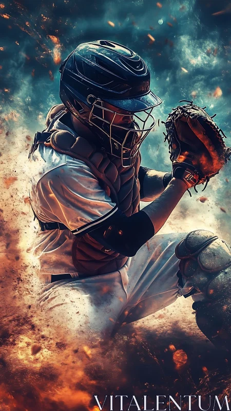 Fiery baseball catcher dives through sparks in bold motion