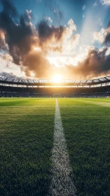 Sunset-lit professional soccer stadium with centered halfway line