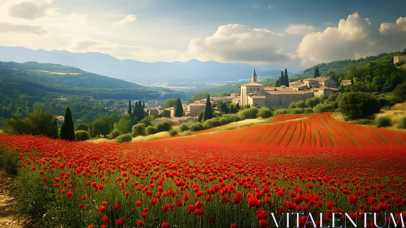 Poppy field in front of hillside village and distant mountains.