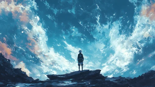 Lone anime hero contemplates a vast swirling cosmic sky
