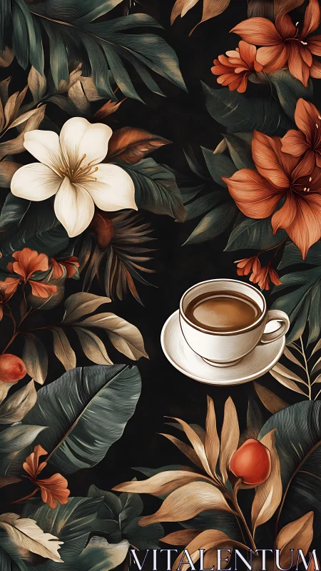 Tropical floral coffee still life in stylized digital rendering.