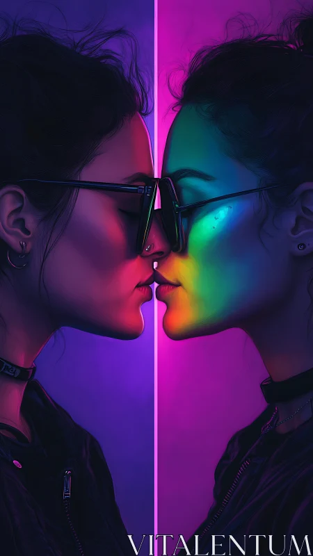 Neon mirror lovers trading color across a glowing divide.