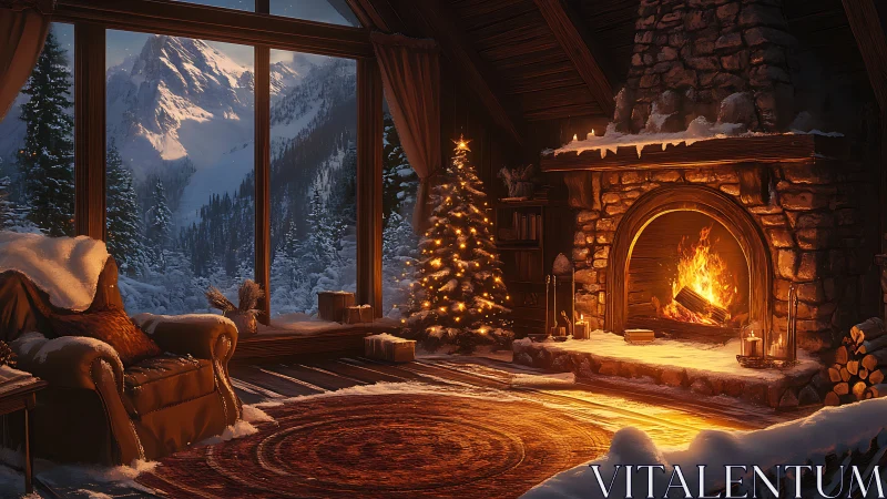 Cozy winter cabin by the fire with glowing Christmas tree.