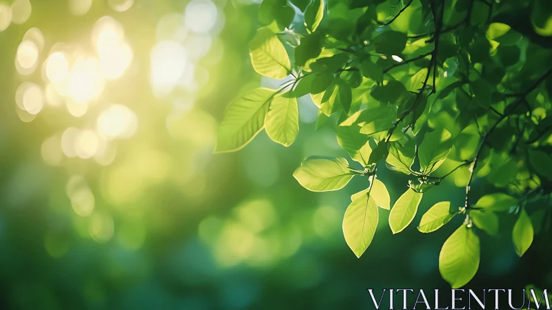 Sunlit Green Leaves in a Soft Focus Nature Photography Style.