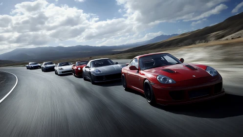 Sports car convoy racing through sunlit mountain highway.