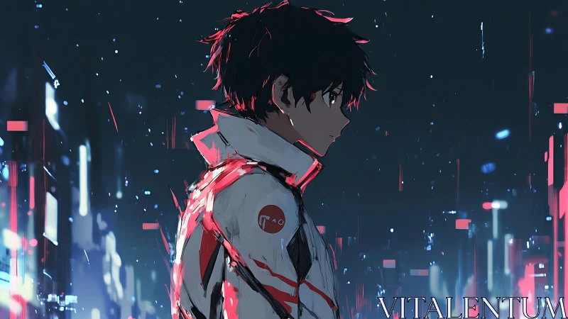 Cyberpunk teen stands in neon storm, reflective gaze. Period.