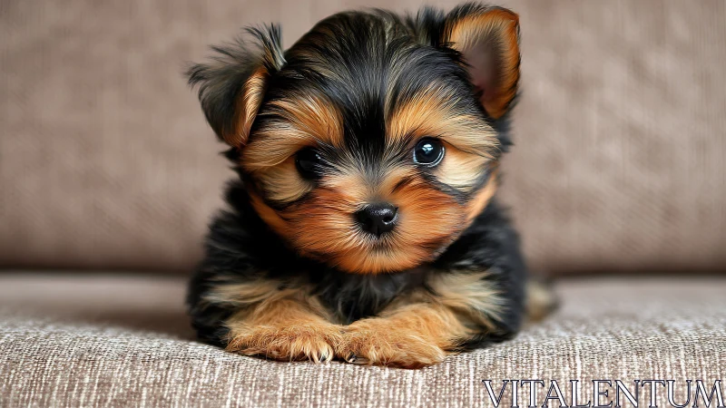 Wide-eyed Yorkie fluffball lounging on a sofa throne.
