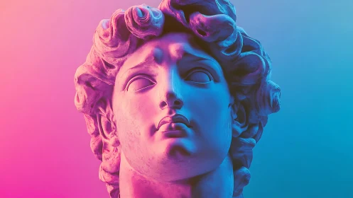Neon-gradient illuminated classical marble bust, chromatic study.
