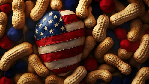 Spherical American Flag Emblem Surrounded by Golden Peanuts and Patriotic Spheres
