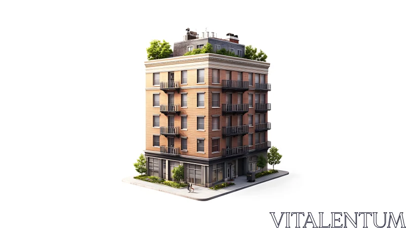 3D corner apartment block with rooftop garden detailing.