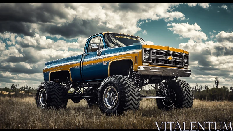 Lifted vintage Chevrolet truck on off-road terrain under clouds.