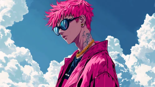 Chromatic streetwear avatar under stratocumulus skyscape.
