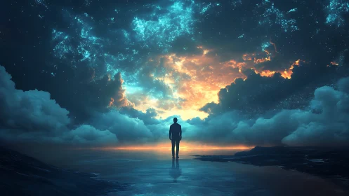 Figure stands on reflective shore under glowing cosmic sky.