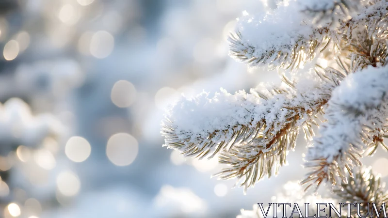 Snow laden conifer needles capture low winter backlight
