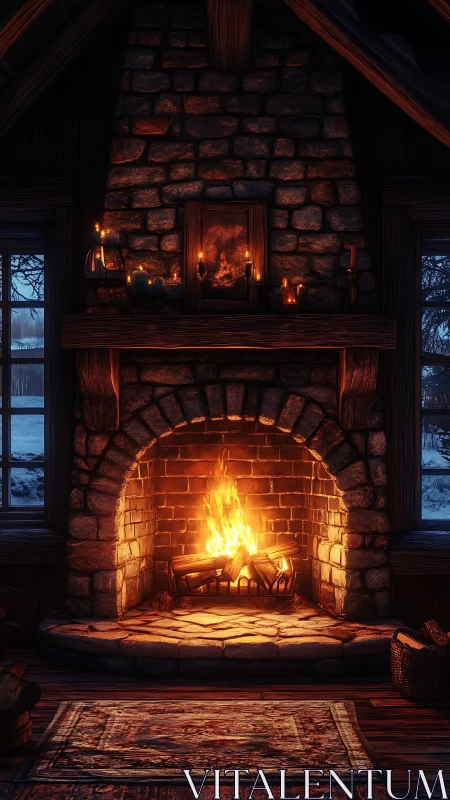 Stone Fireplace Ablaze with Dancing Flames.