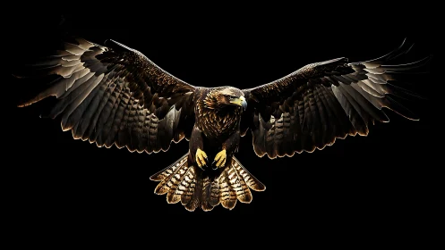 Majestic eagle in flight on black background, dramatic lighting.