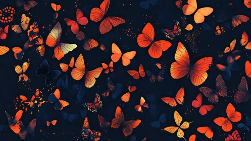 Glowing orange butterflies drift across a deep midnight sky