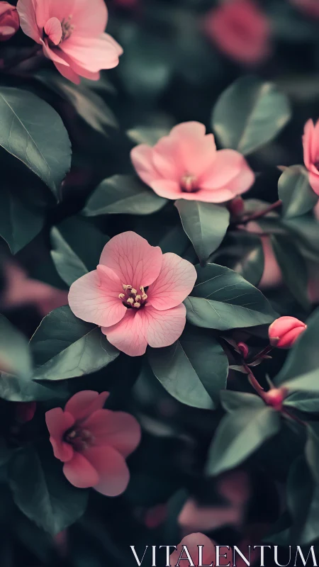 Pink Camellia Blossoms in Selective Focus Botanical Study.