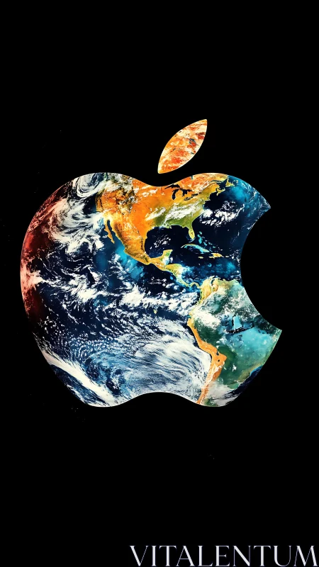 Earth-textured bitten apple silhouette on deep black field.