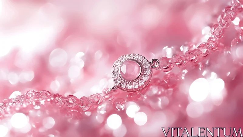 Pink gemstone pendant rests on reflective beaded surface