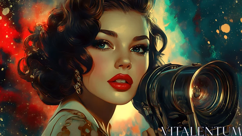 Cinematic muse with vintage camera in cosmic color storm.