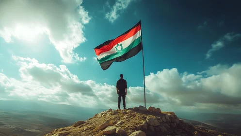 Solitary figure stands on rocky peak beside large flagpole